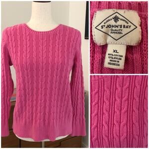 Vintage Pink Cable Knit Sweater St Johns Bay XL Preppy 90s Y2K Colorful Barbie